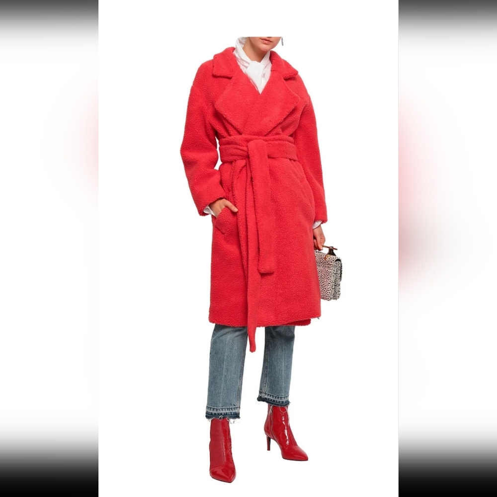 ♥️ NWT MICHAEL LO SORDO WOMAN BELTED FAUX FUR COAT TOMATO RED SIZE 6